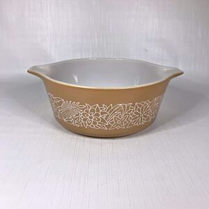 Pyrex 473B Woodland Casserole Brown Round 1 Qt 70s Vtg Rustic Lodge Made USA